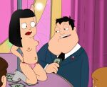 american_dad bouncing_breasts caption dancing francine_smith funny gif guido_l hayley_smith implied_music money panty_pull stan_smith stripper_pole talking tavern topless