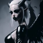  ai_generated black_and_white black_eyes black_lipstick black_sclera fallen_angel horns lipstick short_hair white_hair wings 