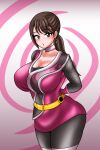  1girl alluring big_breasts bodysuit brown_eyes brown_hair earrings jewelry momochi_kasumi no_headwear pin_up shuriken_sentai_ninninger super_sentai treezero 