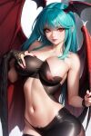 1girl ai_generated bat_wings big_breasts blue_hair darkstalkers female_only frosting.ai grabbing_own_breast head_wings huge_breasts long_hair long_sleeves looking_at_viewer morrigan_aensland red_eyes solo_female vampire_savior