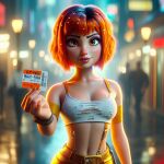 ai_generated bare_midriff black_hair freckles identity_censor leeloo looking_at_viewer night orange_hair pixar_style short_hair small_breasts smile strapless suspenders the_fifth_element torn_clothes two_tone_hair