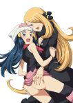  2_girls ass_grab blonde_hair blue_hair cynthia cynthia_(pokemon) dawn dawn_(pokemon) looking_back naughty_face pokemon suitenan_(artist) surprised yuri 