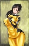  1girl alluring big_breasts black_hair bodysuit brown_eyes juuken_sentai_gekiranger no_headwear pin_up super_sentai treezero uzaki_ran 