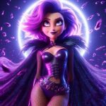  ai_generated cape corset feathers lipstick looking_away pixar_style purple_cape purple_clothing purple_eyes purple_feathers purple_hair purple_lipstick short_hair 