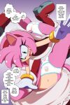  1girl 2024 amy_rose ass ass_up bracelets clothed dialogue dress dress_lift english_text euf-dreamer eulipotyphlan exposed_panties fang green_eyes handstand headband hedgehog legs_up navel open_mouth panties pink_fur sega sonic_the_hedgehog_(series) tail text 