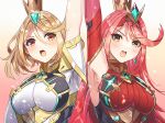  2_girls alluring big_breasts blonde_hair chest_jewel dress earrings elbow_gloves female_only gem gloves headpiece jewelry long_hair multiple_girls mythra mythra_(massive_melee)_(xenoblade) nintendo open_mouth pyra red_eyes red_hair short_hair swept_bangs tiara very_long_hair white_dress white_gloves xenoblade_(series) xenoblade_chronicles_2 yasaikakiage yellow_eyes 