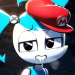  ai_generated blue_hair jenny_wakeman mario_(cosplay) my_life_as_a_teenage_robot nickelodeon robot robot_girl robot_humanoid robot_joints twin_tails white_skin 