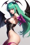 ai_generated bat_wings big_breasts bodysuit darkstalkers frosting.ai green_hair head_wings huge_breasts long_hair looking_at_viewer morrigan_aensland red_eyes vampire_savior wings_on_head