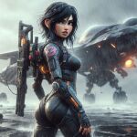  ai_generated armored_bodysuit armored_gloves ass black_hair bodysuit breasts brown_eyes jet rain sea short_hair vanellope_von_schweetz weapons wreck-it_ralph 