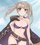  1girl 1girl alluring bandeau belt bikini black_cape blue_sky brown_belt cape cleavage cloud cowboy_shot day fire_emblem fire_emblem_awakening grey_eyes grey_hair high_res jewelry long_hair medium_breasts necklace nintendo purple_bikini purrlucii robin_(fire_emblem) robin_(fire_emblem)_(female) single_bare_shoulder sky standing stomach strapless strapless_bikini swimsuit thighs twin_tails 