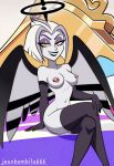  1girl angel angel_girl angel_wings breasts hazbin_hotel jeanbombila jeanbombila666 lute_(hazbin_hotel) nipple_piercing nipples sitting solo twitter vivienne_medrano vivziepop 