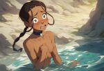  ai_generated avatar:_the_last_airbender black_hair blue_eyes blush braid collar completely_nude dark-skinned_female embarrassed female_focus female_only flat_chested katara nickelodeon nipples nude open_mouth small_breasts water 