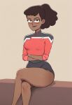  ai_generated beckett_mariner blush blush brown_skin crossed_arms crossed_legs long_hair looking_at_viewer miniskirt ponytail sitting star_trek:_lower_decks thick_thighs 