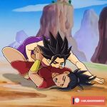  2_girls black_hair breasts caulifla closed_eyes dark-skinned_female dark_skin dragon_ball dragon_ball_super female_only female_sub femdom femsub fingering hair_ornament kale_(dragon_ball) medium_breasts miniskirt open_mouth outside pervert pervert_female red_skirt sex skirt srjorgeromero submission sucking_nipples 