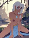  ai_generated atlantis:_the_lost_empire big_breasts blue_eyes brown_nipples brown_skin disney earrings jewelry jungle jungle_background kidagakash_&#039;kida&#039;_nedakh legs_spread long_hair looking_at_viewer necklace nipple nipples pelvic_curtain princess_kidagakash semi_nude serious_face serious_look spread_legs tan-skinned_female tanned_skin tattoo topless white_hair 