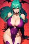 1girl ai_generated big_breasts darkstalkers female_only frosting.ai green_hair head_wings huge_breasts looking_at_viewer morrigan_aensland solo_female vampire_savior