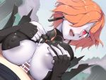 1girl boris_(noborhys) cum fire_emblem fire_emblem:_three_houses gloves hair_over_one_eye kronya_(fire_emblem) leotard orange_hair paizuri pale_skin short_hair smile