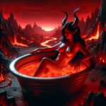  ai_generated bathing big_breasts black_hair breasts demon demon_girl elf_ears hell horns inferno lava long_ears long_hair long_horns nipples nude nude_female red_nipples red_skin succubus 