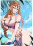  1girl alluring bare_legs beach beneceadraws big_breasts bikini blue_eyes blue_sky brown_hair cleavage female_only loincloth ocean pointy_ears princess_zelda the_legend_of_zelda the_legend_of_zelda:_twilight_princess tiara twilight_princess zelda_(twilight_princess) 