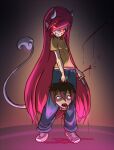  blood demon_girl demon_tail elf_ears glowing_eyes hair_over_one_eye horns knife long_hair looking_at_viewer pink_hair red_eyes smile t-shirt tail unknown_artist 