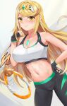  1girl alluring big_breasts black_leggings blonde_hair core_crystal earrings fingerless_gloves gloves kiiro_kimi leggings long_hair looking_at_viewer mythra nintendo ring_fit_adventure sports_bra sportswear sweat tiara white_sports_bra xenoblade_(series) xenoblade_chronicles_2 yellow_eyes 