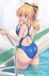 1girl alluring aqua_eyes ass blonde_hair cassandra_alexandra competition_swimsuit from_behind high_res kihaiu looking_back one-piece_swimsuit ponytail pool pool_ladder poolside silf soul_calibur soulcalibur_iv swimsuit voluptuous wading