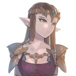 1girl 1girl alluring arm_strap blue_eyes brown_hair cleavage closed_mouth collarbone diadem hair_ribbon long_hair medium_breasts nintendo pointy_ears princess_zelda ribbon simple_background the_legend_of_zelda the_legend_of_zelda:_twilight_princess upper_body white_background white_ribbon yasaikakiage