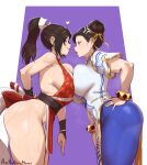  2_girls aestheticc-meme annoyed annoyed_expression asian breast_press brown_hair chun-li crossover king_of_fighters mai_shiranui naughty_face ponytail smirk street_fighter symmetrical_docking 