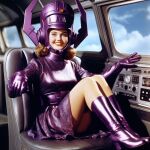  70s 80s ai_generated blue_eyes galacta gloves helmet hyperrealism long_dress long_gloves long_sleeves marvel marvel_comics purple_dress short_hair sleeves vintage 