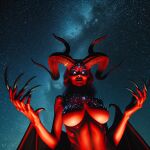  ai_generated demon demon_girl demon_wings evil_eyes evil_smile glowing glowing_eyes horns long_hair long_nails looking_down night nude nude_female red_hair red_skin starry_background starry_sky stars succubus wings 