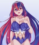  1girl alear_(female)_(fire_emblem) alear_(fire_emblem) alluring bikini blue_one-piece_swimsuit blue_swimsuit female_only fire_emblem fire_emblem_engage looking_at_viewer medium_breasts nintendo one-piece_swimsuit open_mouth swimsuit symoca 