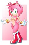  1girl 2020s 2024 amy_rose animal_ears anthro bare_hips bare_shoulders boots breasts collarbone eyelashes female_only full_body furry furry_female gloves green_eyes hair_ornament hairband hedgehog hedgehog_ears hedgehog_girl hedgehog_tail high_res looking_at_viewer medium_breasts mobian_(species) nipples nude nude_female pink_fur pussy red_headband sega smile sonic_(series) sonic_the_hedgehog_(series) standing stradivarius tail thick_thighs thighs twitter_username two-tone_background v white_gloves 