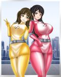  2_girls alluring big_breasts black_hair bodysuit brown_eyes brown_hair gogo_sentai_boukenger hazel_eyes mamiya_natsuki multiple_girls nishihori_sakura no_headwear olive_eyes pin_up super_sentai treezero 