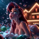 ai_generated ariel_(the_little_mermaid) big_breasts blue_eyes bra bubbles disney lipstick long_hair night open_mouth red_hair red_lipstick redhead slime the_little_mermaid wet