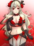 1340smile 1girl alluring alternate_costume bra breasts corrin_(fire_emblem) corrin_(fire_emblem)_(female) elbow_gloves fire_emblem fire_emblem_fates flower flower_in_hair garter_belt gloves headband inner_thighs light-skinned_female light_skin lingerie lipstick long_hair looking_at_viewer nintendo panties pointy_ears red_eyes red_panties stockings white_hair