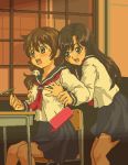  2girls aliasing ayumi_tachibana black_eyes black_hair breast_grab breasts brown_eyes brown_hair chair classroom desk famicom_detective_club famicom_tantei_club grabbing indoors kasuga39 kojima_youko long_hair lowres multiple_girls nintendo oekaki pencil_case school_desk school_uniform sepia serafuku sitting tachibana_ayumi yoko_kojima yuri 