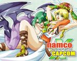 2girls big_breasts blonde_hair blue_eyes braided_hair darkstalkers green_hair krino_sandra_(vnd) legend_of_valkyrie morrigan_aensland namco namco_x_capcom succubus sword valkyrie valkyrie_(vnd) valkyrie_no_densetsu winged_helmet yuri