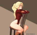  arteslav ass blonde blonde_female blonde_hair blue_eyes bodysuit legs long_hair long_sleeves ponytail sitting sitting_on_chair 