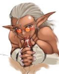 1girl blue_eyes blush cum dark_skin elf elvaan fellatio final_fantasy final_fantasy_xi fingerless_gloves glasses gloves handjob licking oral penis pointy_ears solo_focus sunglasses two-handed_handjob uncensored white_hair