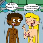  1boy 1boy1girl 1girl aged_up annie_(little_einsteins) blonde_hair breasts brown_hair disney english_text little_einsteins matiriani28 nipples nude nude nude_female nude_male quincy_(little_einsteins) speech_bubble 