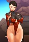 1girl black_hair blood breasts cleavage erect_nipples fingerless_gloves gloves hand_on_breast large_breasts leotard midway_games mortal_kombat mortal_kombat_11 nipple_bulge red_eyes red_hair shiory short_hair silf skarlet_(mortal_kombat) thigh_gap thighs wide_hips