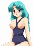 between_breasts blue_eyes blush breasts canal_vorfeed highres lost_universe nipples one-piece_swimsuit school_swimsuit solo sugimura_tomokazu swimsuit tomokazu_sugimura