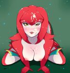  1girl ambiguous_pov bodily_fluids breasts breath_of_the_wild cum cum_on_breasts cum_on_face female_only genital_fluids high_res hound_wolf humanoid kneel lipstick looking_at_viewer makeup marine mipha nintendo nipples outside pov smile the_legend_of_zelda video_games zora 