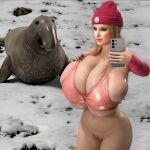  1girl 3d animal big_breasts blonde_hair bra breasts digital_media_(artwork) elephant_seal hat massive_breasts outside phone pussy samsung selfie sleeves smartphone snow 