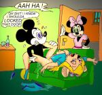  blue_eyes cheating chip_&#039;n_dale_rescue_rangers color couch crossover cum disney english_text fur furry furry_only gadget_hackwrench green_eyes mickey_mouse minnie_mouse nipples text trio 