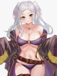 1girl 1girl alluring bare_shoulders belt big_breasts bikini breasts brown_eyes cleavage collarbone fire_emblem fire_emblem_awakening fire_emblem_heroes gloves gluteal_fold grey_hair high_res jewelry long_hair long_sleeves looking_at_viewer navel necklace nintendo o-ring o-ring_bikini o-ring_top off_shoulder official_alternate_costume purple_bikini robe robin_(fire_emblem) robin_(fire_emblem)_(female) robin_(summer)_(fire_emblem)_(female) simple_background smile swimsuit twin_tails under_boob white_background zqzbq