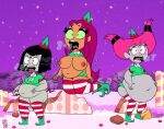 1girl 3_girls altzegoz_(artist) bbw belly big_belly big_breasts bloated bloated_belly breasts burp burping christmas dc_comics jinx nipples older older_female overweight overweight_female plump raven_(dc) starfire teen_titans torn_clothes weight_gain young_adult young_adult_female young_adult_woman