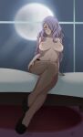  1girl breasts brown_eyes camilla_(fire_emblem) female_only fire_emblem fire_emblem_fates full_body full_moon hair_over_one_eye hound_wolf light-skinned_female light_skin lipstick long_hair moon naked_heels nintendo nipples nude purple_hair shoes solo_female 