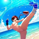  ai_generated beach big_breasts braided_ponytail brown_hair gloves headband kick kicking long_hair nekom14 nipples open-mouth_smile pussy snk spread_legs the_king_of_fighters yuri_sakazaki 