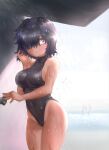  2020 artoise black_hair colored green_eyes hair_over_one_eye highleg highleg_swimsuit nazo_no_kanojo_x one-piece_swimsuit pool short_hair shower swimsuit tagme tan turtleneck urabe_mikoto 